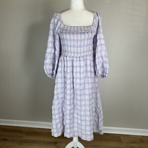 Sugarfox LA Size L Midi Dress Purple Plaid Peasant Prairie Cottagecore Ruffle